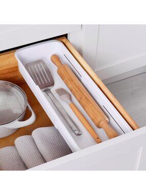 Expandable Sliding Drawer Organizer Bin - Adjustable Kitchen Storage, Speckled
